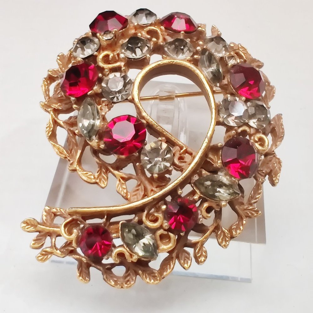 Bsk Signed Red & Clear Rhinestone Spiral Brooch